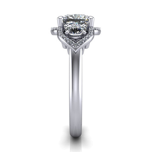 Kalani cushion halo engagement ring in 14K White Gold, side profile showing the open scrollwork bridge and the polished band