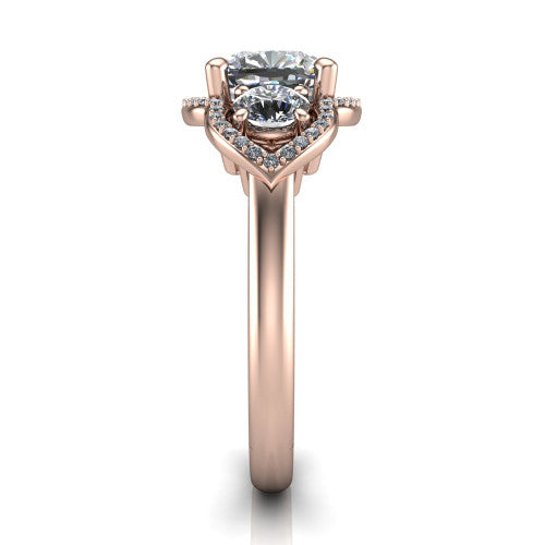 Kalani cushion halo engagement ring in 14K Rose Gold, side profile showing the open scrollwork bridge and the polished band