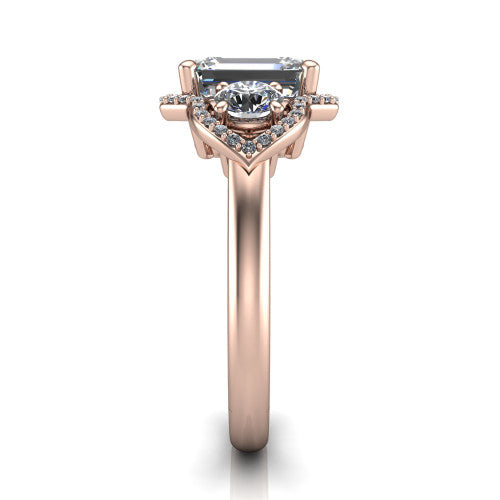 Kalani emerald halo engagement ring in 14K Rose Gold, side profile showing the open scrollwork bridge and the polished band