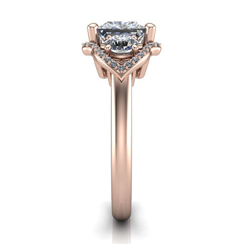 Kalani princess halo engagement ring in 14K Rose Gold, side profile showing the open scrollwork bridge and the polished band