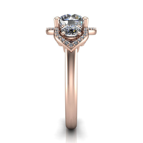 Kalani round halo engagement ring in 14K Rose Gold, side profile showing the open scrollwork bridge and the polished band