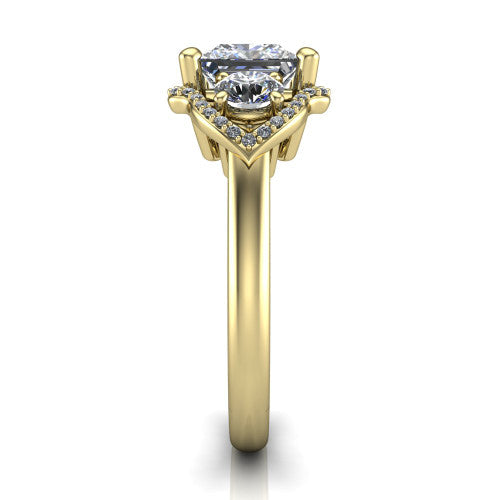 Kalani princess halo engagement ring in 18K Yellow Gold, side profile showing the open scrollwork bridge and the polished band