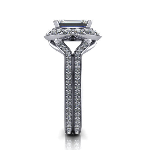 Melissa emerald halo engagement ring in 18K White Gold, side profile showing the pavé split shank dividing into two diamond-lined rows beneath the halo