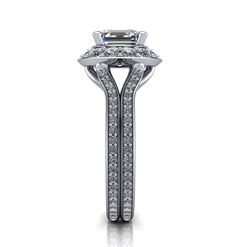 Melissa asscher halo engagement ring in 18K White Gold, side profile showing the pavé split shank dividing into two diamond-lined rows beneath the halo