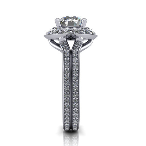 Melissa round halo engagement ring in 18K White Gold, side profile showing the pavé split shank dividing into two diamond-lined rows beneath the halo