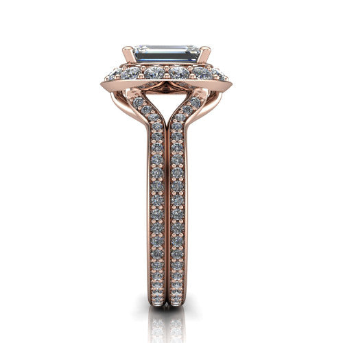 Melissa emerald halo engagement ring in 18K Rose Gold, side profile showing the pavé split shank dividing into two diamond-lined rows beneath the halo