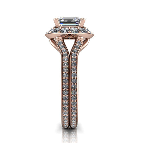 Melissa asscher halo engagement ring in 14K Rose Gold, side profile showing the pavé split shank dividing into two diamond-lined rows beneath the halo