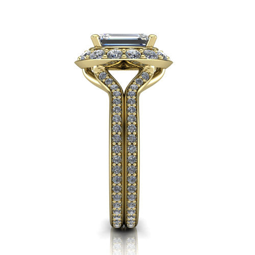 Melissa emerald halo engagement ring in 18K Yellow Gold, side profile showing the pavé split shank dividing into two diamond-lined rows beneath the halo