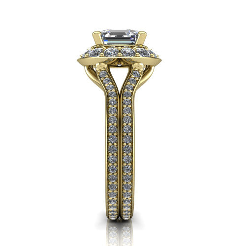 Melissa asscher halo engagement ring in 18K Yellow Gold, side profile showing the pavé split shank dividing into two diamond-lined rows beneath the halo