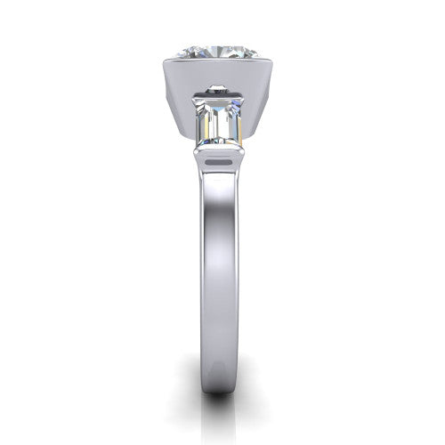 Amanda cushion three stone engagement ring in Platinum, side profile showing the tapered baguette side stone and the smooth tapered polished band