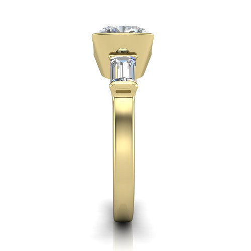 Amanda cushion three stone engagement ring in 18K Yellow Gold, side profile showing the tapered baguette side stone and the smooth tapered polished band
