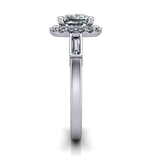 Lorelai cushion halo engagement ring in Platinum, side profile showing the tapered baguette side stone and the smooth polished band