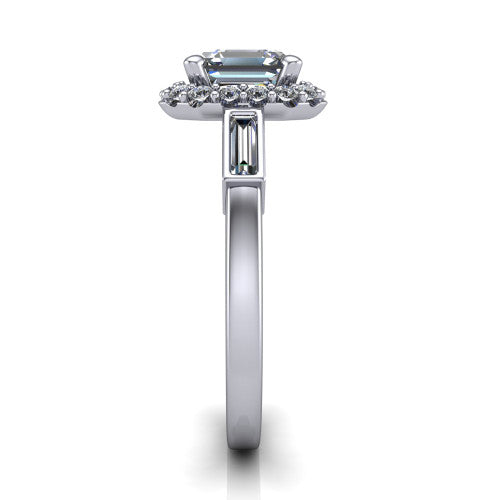 Lorelai asscher halo engagement ring in 18K White Gold, side profile showing the tapered baguette side stone and the smooth polished band