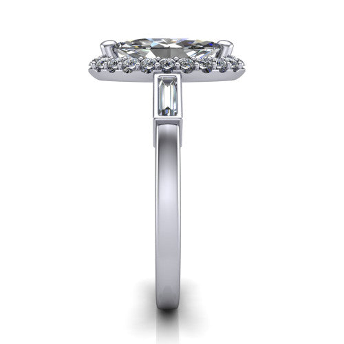 Lorelai marquise halo engagement ring in 18K White Gold, side profile showing the tapered baguette side stone and the smooth polished band