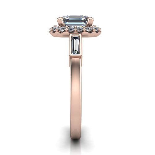 Lorelai asscher halo engagement ring in 14K Rose Gold, side profile showing the tapered baguette side stone and the smooth polished band