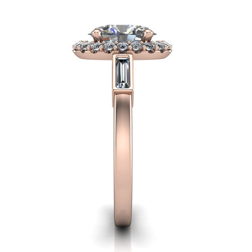 Lorelai oval halo engagement ring in 14K Rose Gold, side profile showing the tapered baguette side stone and the smooth polished band