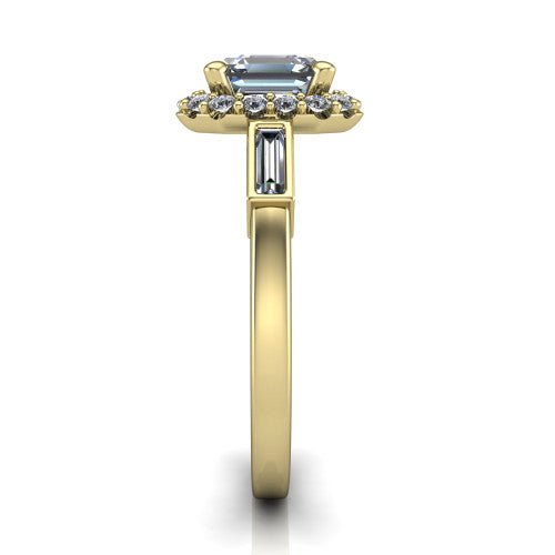 Lorelai asscher halo engagement ring in 18K Yellow Gold, side profile showing the tapered baguette side stone and the smooth polished band