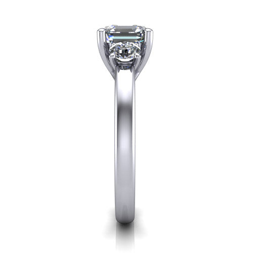 Alyssa asscher classic engagement ring in 14K White Gold, side profile showing the round side stone and the smooth tapered polished band