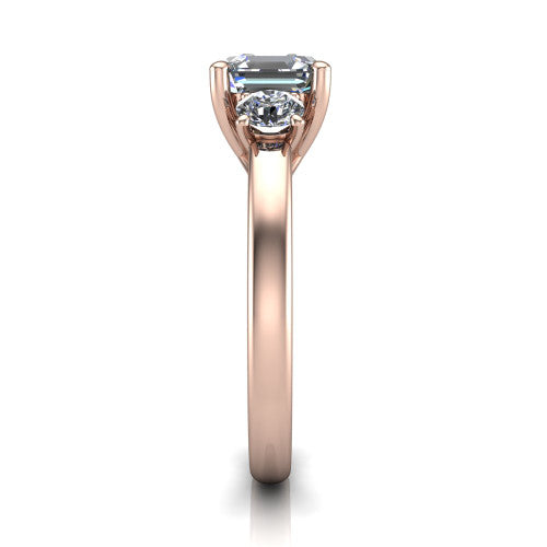 Alyssa asscher classic engagement ring in 18K Rose Gold, side profile showing the round side stone and the smooth tapered polished band