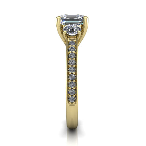 London asscher classic engagement ring in 18K Yellow Gold, side profile showing the round side stone and the pavé diamonds running down the shank