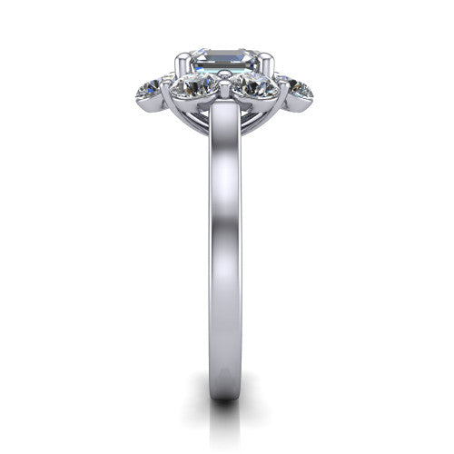 Gabriela asscher halo engagement ring in 14K White Gold, side profile showing the cluster halo and the smooth tapered polished band