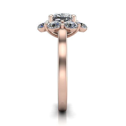 Gabriela cushion halo engagement ring in 14K Rose Gold, side profile showing the cluster halo and the smooth tapered polished band