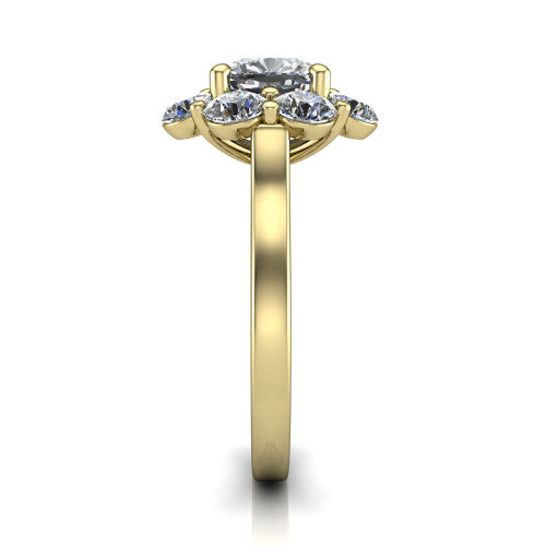 Gabriela cushion halo engagement ring in 14K Yellow Gold, side profile showing the cluster halo and the smooth tapered polished band