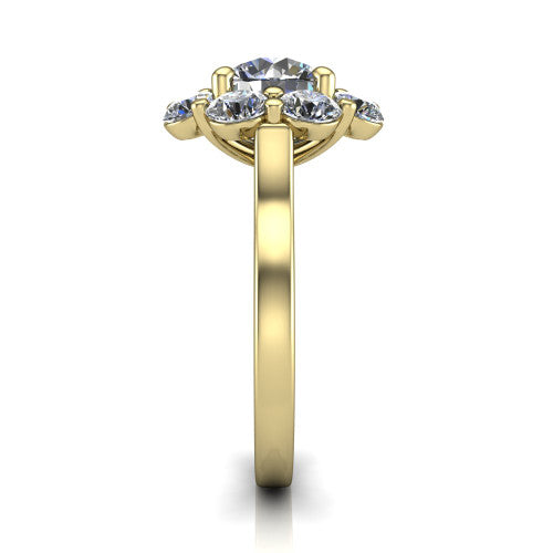 Gabriela round halo engagement ring in 18K Yellow Gold, side profile showing the cluster halo and the smooth tapered polished band