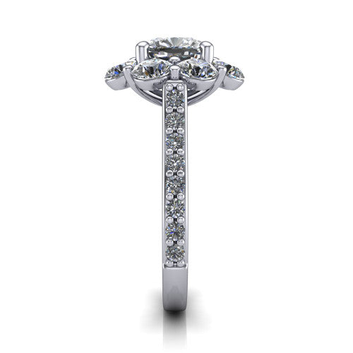 Brooklynn cushion halo engagement ring in 14K White Gold, side profile showing the cluster halo and the pavé diamonds running down the shank