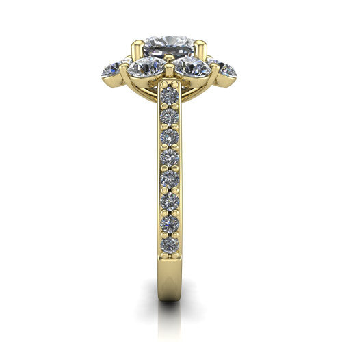 Brooklynn cushion halo engagement ring in 14K Yellow Gold, side profile showing the cluster halo and the pavé diamonds running down the shank