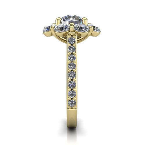 Brooklynn round halo engagement ring in 18K Yellow Gold, side profile showing the cluster halo and the pavé diamonds running down the shank