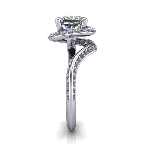 Paislee cushion halo engagement ring in 14K White Gold, side profile showing the pavé halo spiraling into the twisting bypass shank