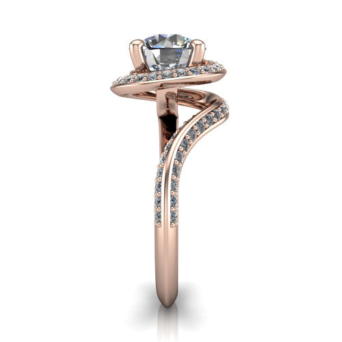 Paislee round halo engagement ring in 14K Rose Gold, side profile showing the pavé halo spiraling into the twisting bypass shank