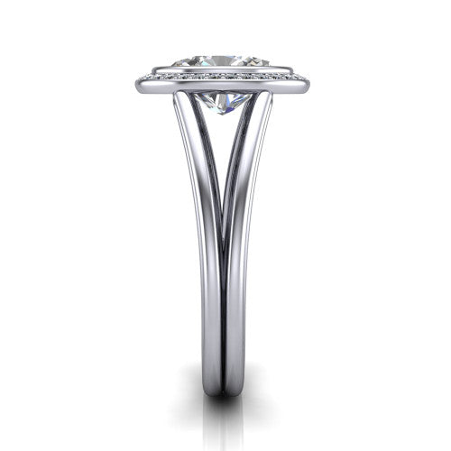 Tatum oval halo engagement ring in 14K White Gold, side profile showing the polished split shank dividing into two slim rails beneath the halo