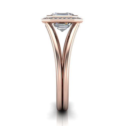 Tatum asscher halo engagement ring in 18K Rose Gold, side profile showing the polished split shank dividing into two slim rails beneath the halo