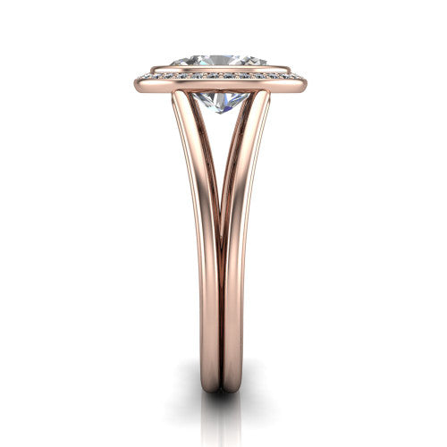 Tatum oval halo engagement ring in 18K Rose Gold, side profile showing the polished split shank dividing into two slim rails beneath the halo