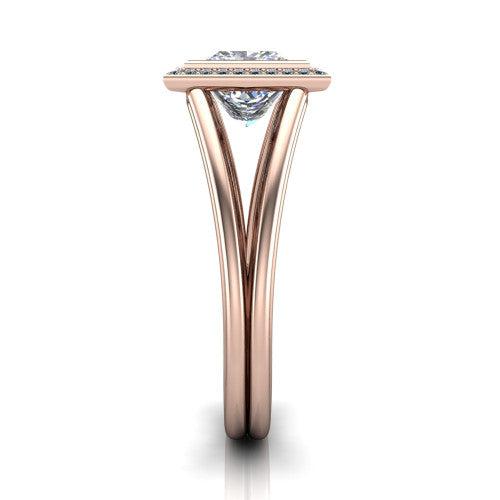 Tatum princess halo engagement ring in 14K Rose Gold, side profile showing the polished split shank dividing into two slim rails beneath the halo