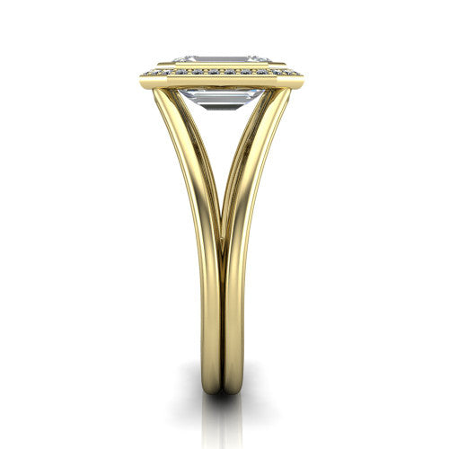 Tatum emerald halo engagement ring in 14K Yellow Gold, side profile showing the polished split shank dividing into two slim rails beneath the halo