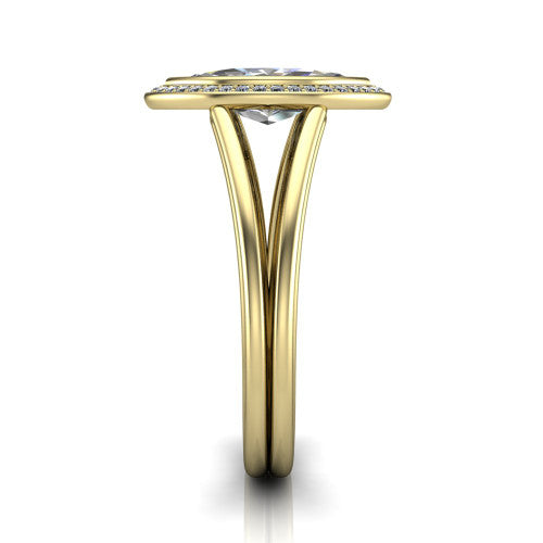Tatum marquise halo engagement ring in 18K Yellow Gold, side profile showing the polished split shank dividing into two slim rails beneath the halo