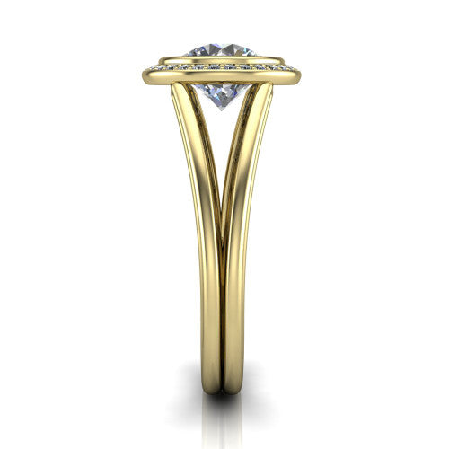 Tatum round halo engagement ring in 18K Yellow Gold, side profile showing the polished split shank dividing into two slim rails beneath the halo