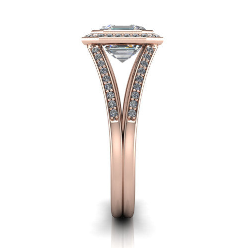 Daphne asscher halo engagement ring in 14K Rose Gold, side profile showing the pavé split shank dividing into two diamond-lined rails beneath the halo