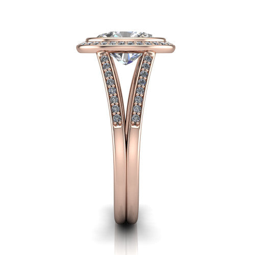 Daphne oval halo engagement ring in 14K Rose Gold, side profile showing the pavé split shank dividing into two diamond-lined rails beneath the halo