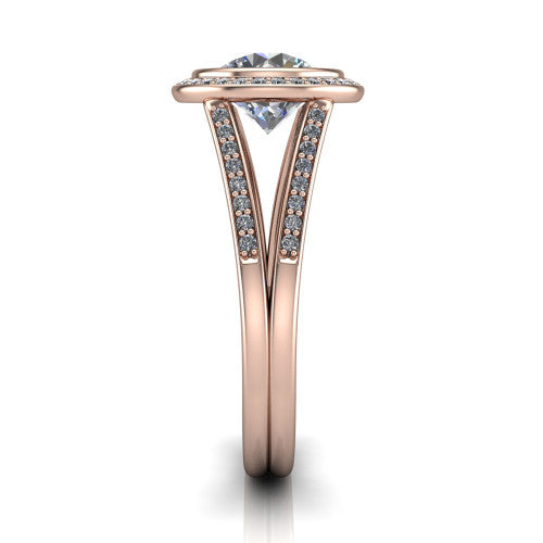 Daphne round halo engagement ring in 18K Rose Gold, side profile showing the pavé split shank dividing into two diamond-lined rails beneath the halo