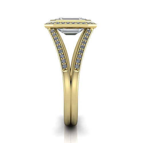 Daphne emerald halo engagement ring in 18K Yellow Gold, side profile showing the pavé split shank dividing into two diamond-lined rails beneath the halo