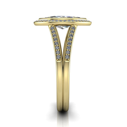 Daphne marquise halo engagement ring in 14K Yellow Gold, side profile showing the pavé split shank dividing into two diamond-lined rails beneath the halo