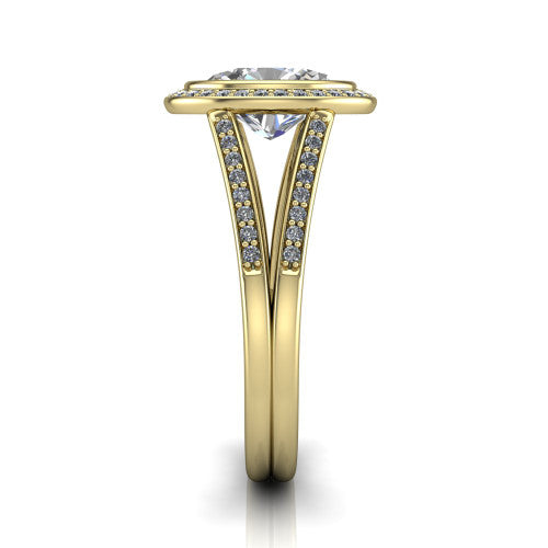 Daphne oval halo engagement ring in 14K Yellow Gold, side profile showing the pavé split shank dividing into two diamond-lined rails beneath the halo