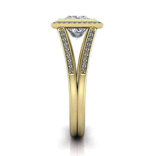 Daphne princess halo engagement ring in 18K Yellow Gold, side profile showing the pavé split shank dividing into two diamond-lined rails beneath the halo