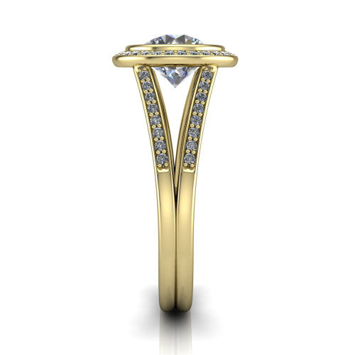 Daphne round halo engagement ring in 18K Yellow Gold, side profile showing the pavé split shank dividing into two diamond-lined rails beneath the halo