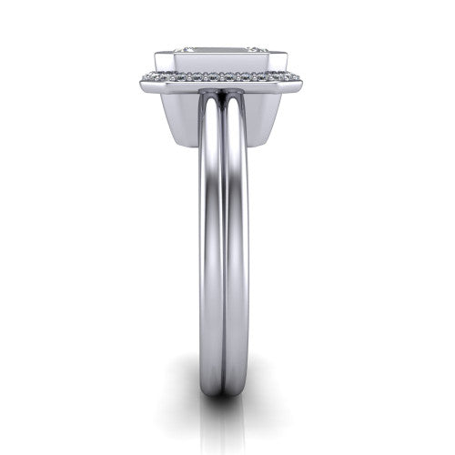 Maggie emerald halo engagement ring in 18K White Gold, side profile showing the bezel-framed halo head and the two polished rails of the split shank
