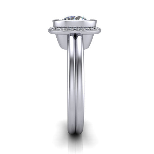 Maggie round halo engagement ring in 14K White Gold, side profile showing the bezel-framed halo head and the two polished rails of the split shank